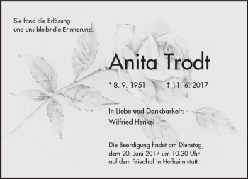 Traueranzeige von Anita Trodt von Trauerportal Rhein Main Presse