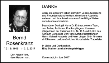 Traueranzeige von Bernd Rosenkranz von Trauerportal Echo Online