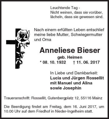Traueranzeige von Anneliese Bieser von Trauerportal Rhein Main Presse