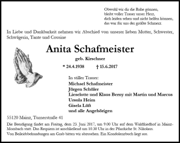 Traueranzeige von Anita Schafmeister von Trauerportal Rhein Main Presse