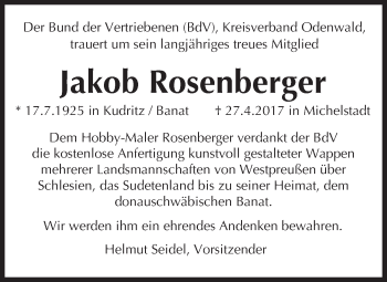 Traueranzeige von Jakob Rosenberger von Trauerportal Echo Online