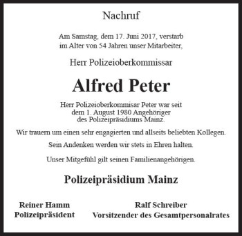 Traueranzeige von Alfred Peter von Trauerportal Rhein Main Presse