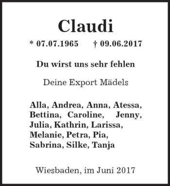 Traueranzeige von Claudi  von Trauerportal Rhein Main Presse