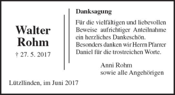 Traueranzeige von Walter Rohm von  Gießener Anzeiger