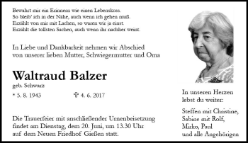 Traueranzeige von Waltraud Balzer von  Gießener Anzeiger