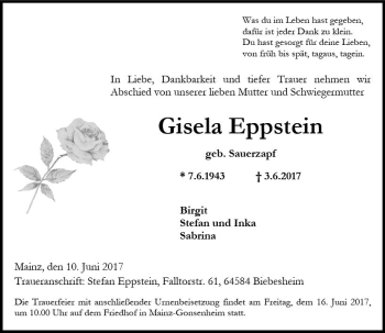 Traueranzeige von Gisela Eppstein von Trauerportal Rhein Main Presse