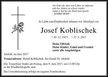 Traueranzeige von Josef Koblischek von VRM Trauer