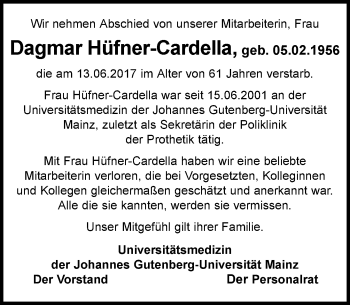 Traueranzeige von Dagmar Hüfner-Cardella von Trauerportal Rhein Main Presse