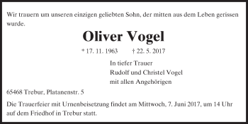 Traueranzeige von Oliver Vogel von Trauerportal Rhein Main Presse