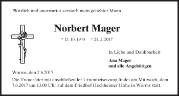 Traueranzeige von Norbert Mager von Trauerportal Rhein Main Presse