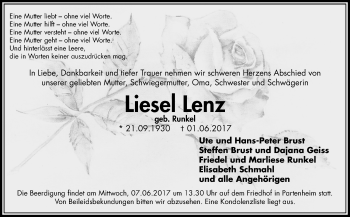 Traueranzeige von Liesel Lenz von Trauerportal Rhein Main Presse