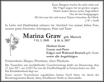 Traueranzeige von Marina Graw von Trauerportal Rhein Main Presse