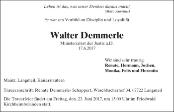 Traueranzeige von Walter Demmerle von Trauerportal Rhein Main Presse