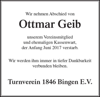 Traueranzeige von Ottmar Geib von Trauerportal Rhein Main Presse