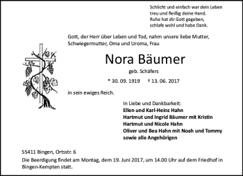 Traueranzeige von Nora Bäumer von Trauerportal Rhein Main Presse