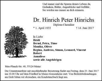 Traueranzeige von Hinrich Peter Hinrichs von Trauerportal Rhein Main Presse