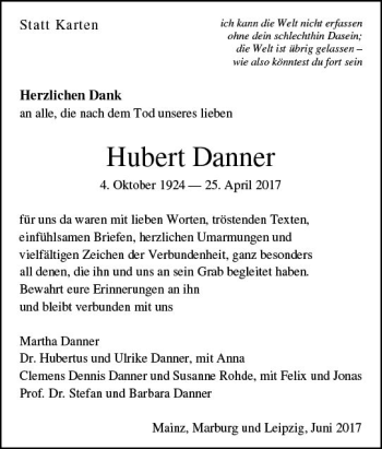 Traueranzeige von Hubert Danner von Trauerportal Rhein Main Presse