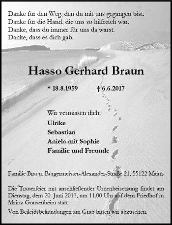 Traueranzeige von Hasso Gerhard Braun von Trauerportal Rhein Main Presse