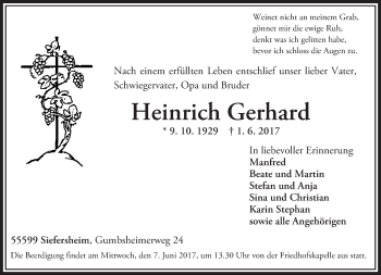 Traueranzeige von Heinrich Gerhard von Trauerportal Rhein Main Presse