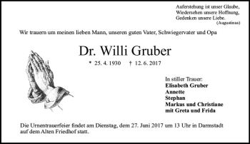 Traueranzeige von Willi Gruber von Trauerportal Echo Online