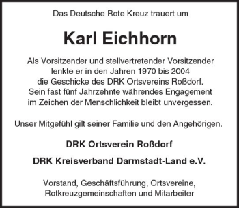 Traueranzeige von Karl Eichhorn von Trauerportal Echo Online