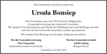 Traueranzeige von Ursula Bonsiep von  Kreisanzeiger