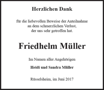 Traueranzeige von Friedhelm Müller von Trauerportal Rhein Main Presse