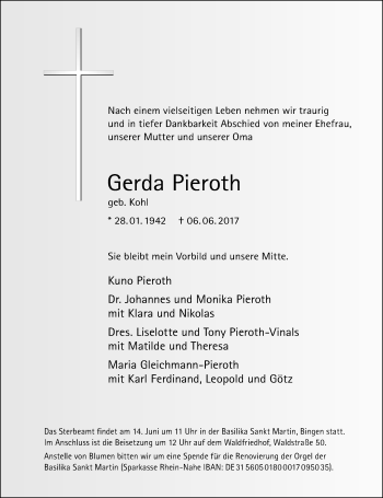 Traueranzeige von Gerda Pieroth von Trauerportal Rhein Main Presse