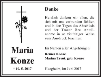 Traueranzeige von Maria Konze von  Kreisanzeiger