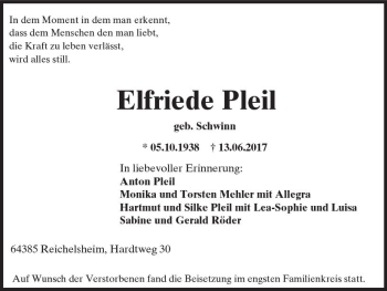 Traueranzeige von Elfriede Pleil von Trauerportal Rhein Main Presse