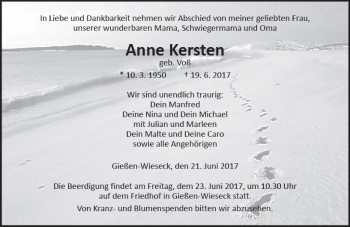 Traueranzeige von Anne Kersten von  Gießener Anzeiger