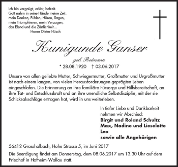 Traueranzeige von Kunigunde Ganser von Trauerportal Rhein Main Presse
