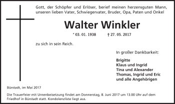 Traueranzeige von Walter Winkler von Trauerportal Echo Online