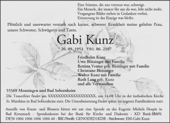 Traueranzeige von Gabi Kunz von Trauerportal Rhein Main Presse