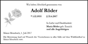 Traueranzeige von Adolf Röder von Trauerportal Rhein Main Presse