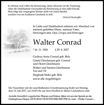 Traueranzeige von Walter Conrad von Trauerportal Rhein Main Presse