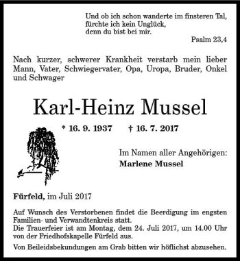 Traueranzeige von Karl-Heinz Mussel von Trauerportal Rhein Main Presse