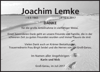 Traueranzeige von Joachim Lemke von Trauerportal Echo Online