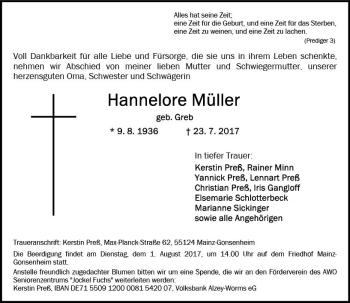 Traueranzeige von Hannelore Müller von Trauerportal Rhein Main Presse