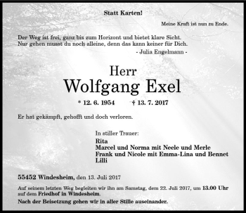 Traueranzeige von Wolfgang Exel von Trauerportal Rhein Main Presse