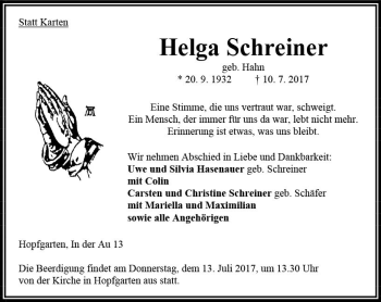 Traueranzeige von Helga Schreiner von VRM Trauer