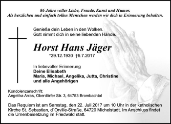 Traueranzeige von Horst Hans Jäger von Trauerportal Echo Online