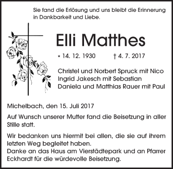 Traueranzeige von Elli Matthes von  Kreisanzeiger