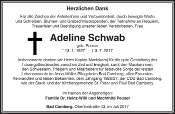 Traueranzeige von Adeline Schwab von  Camberger Anzeiger