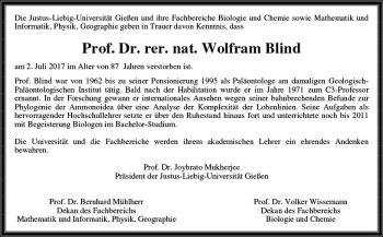 Traueranzeige von Wolfram Blind von  Gießener Anzeiger