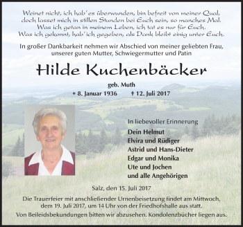 Traueranzeige von Hilde Kuchenbäcker von VRM Trauer