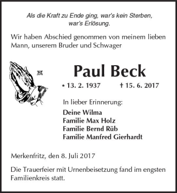 Traueranzeige von Paul Beck von  Kreisanzeiger