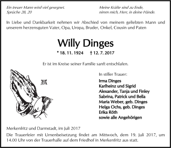 Traueranzeige von Willy Dinges von  Kreisanzeiger