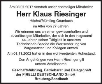 Traueranzeige von Klaus Riesinger von Trauerportal Echo Online
