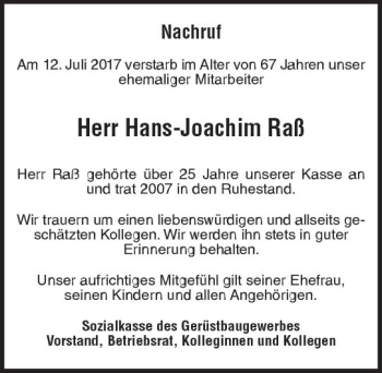 Traueranzeige von Hans-Joachim Raß von Trauerportal Rhein Main Presse